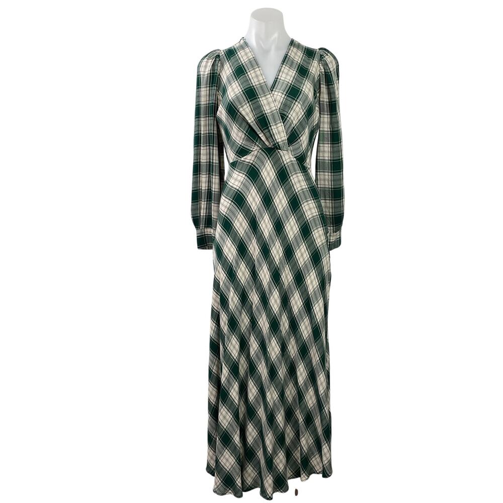 Next Women's Green Plaid Checkered Long Puff Sleeve V Neck Shirt Midi Dress 6